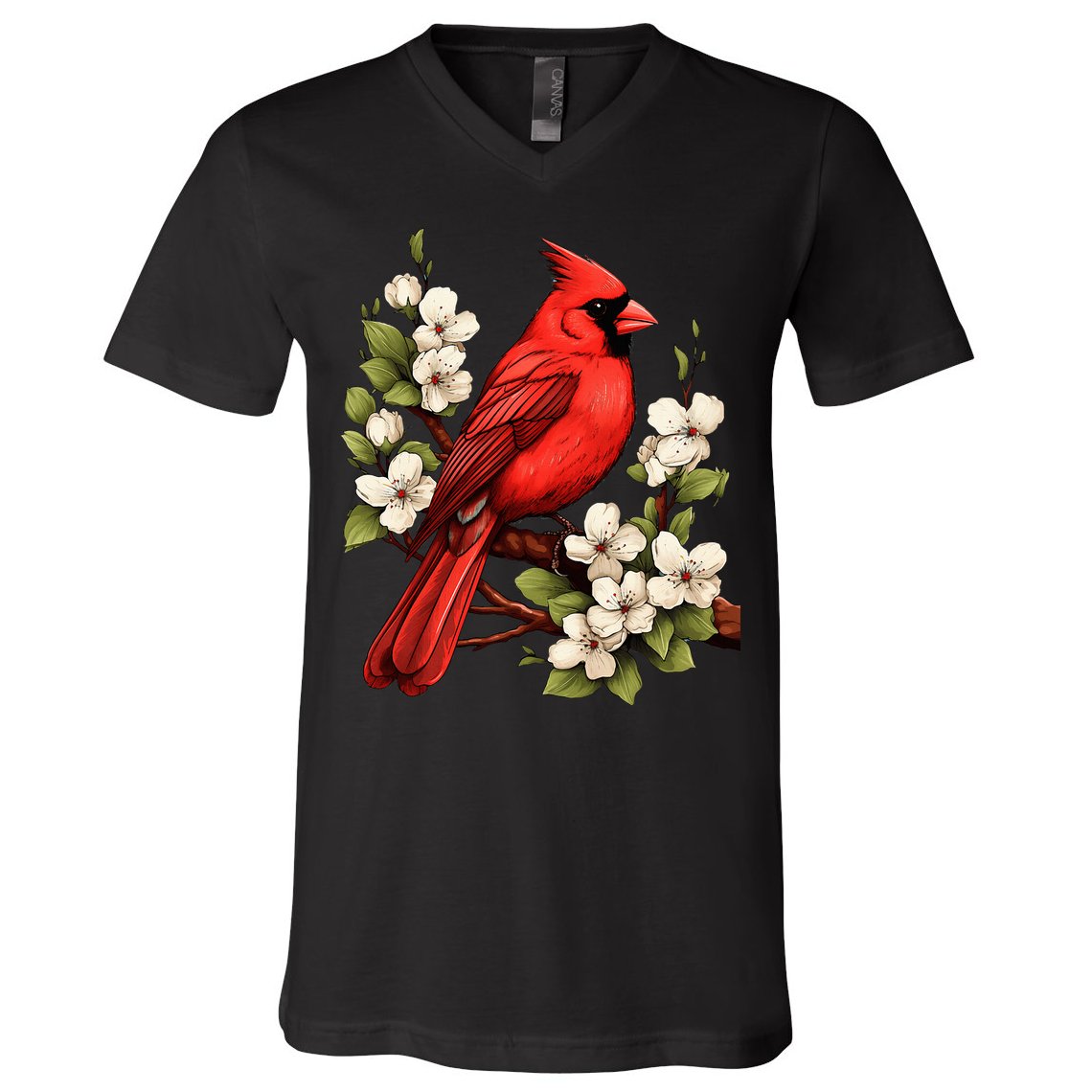 Cute Cottagecore Aesthetic Northern Cardinal Bird Flowers V-Neck T-Shirt