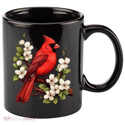 Cute Cottagecore Aesthetic Northern Cardinal Bird Flowers 11oz C Handle Ceramic Mug