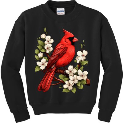 Cute Cottagecore Aesthetic Northern Cardinal Bird Flowers Kids Sweatshirt