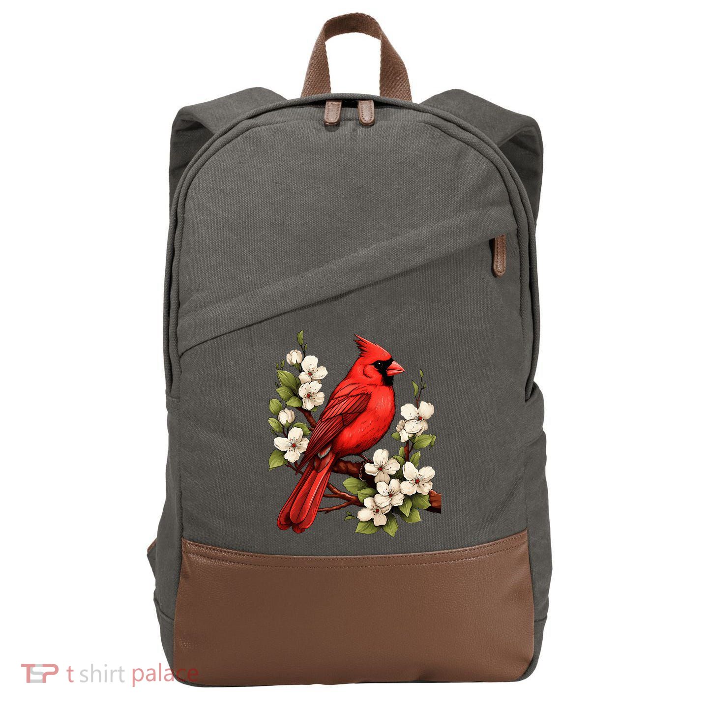 Cute Cottagecore Aesthetic Northern Cardinal Bird Flowers Cotton Canvas Backpack