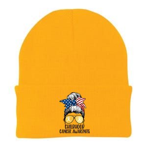 Childhood Cancer Awareness Gold Ribbon Messy Bun Knit Cap Winter Beanie