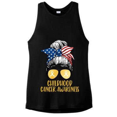 Childhood Cancer Awareness Gold Ribbon Messy Bun Ladies PosiCharge Tri-Blend Wicking Tank