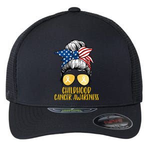 Childhood Cancer Awareness Gold Ribbon Messy Bun Flexfit Unipanel Trucker Cap