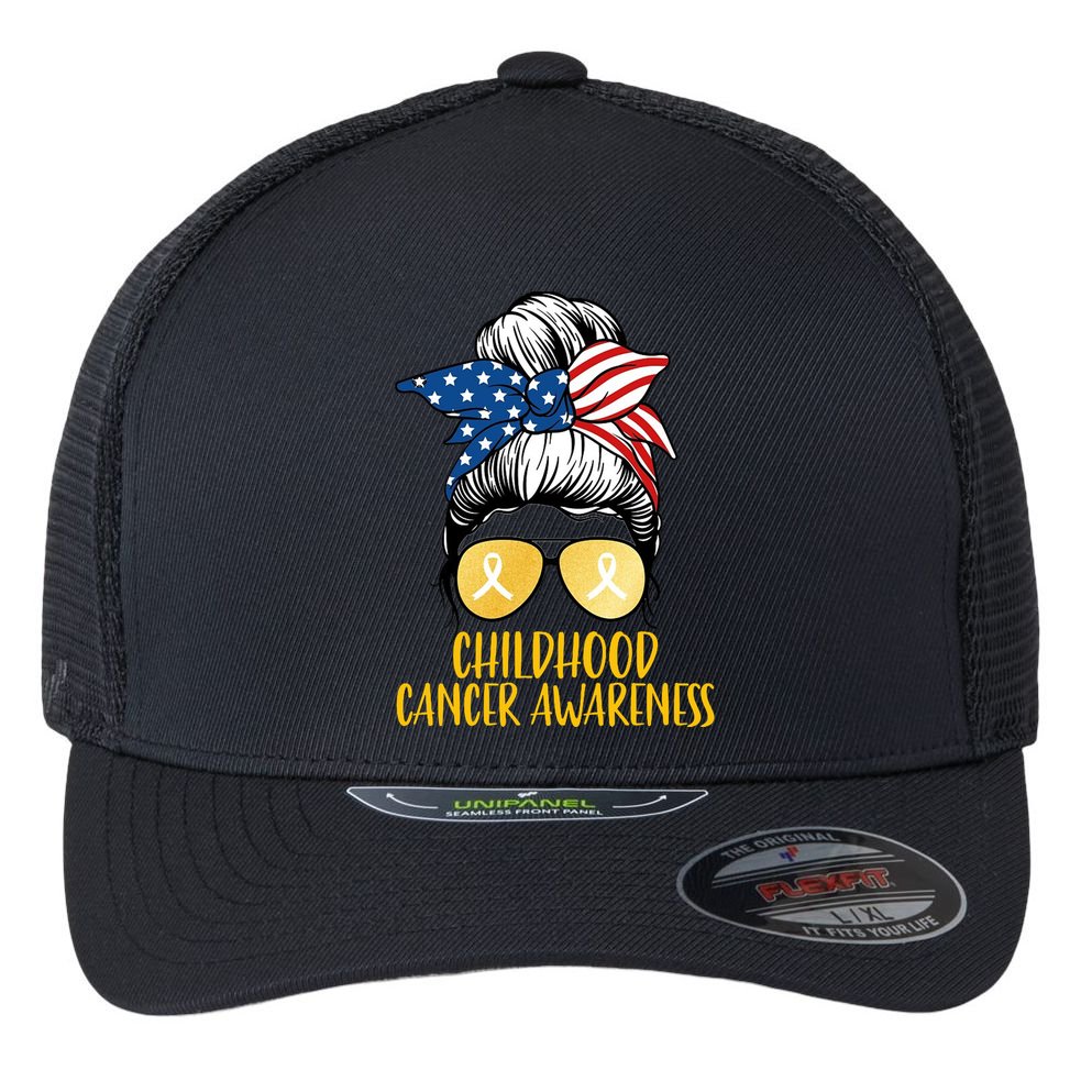 Childhood Cancer Awareness Gold Ribbon Messy Bun Flexfit Unipanel Trucker Cap