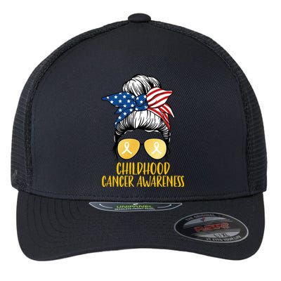 Childhood Cancer Awareness Gold Ribbon Messy Bun Flexfit Unipanel Trucker Cap