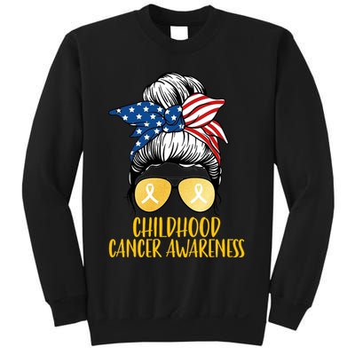 Childhood Cancer Awareness Gold Ribbon Messy Bun Sweatshirt