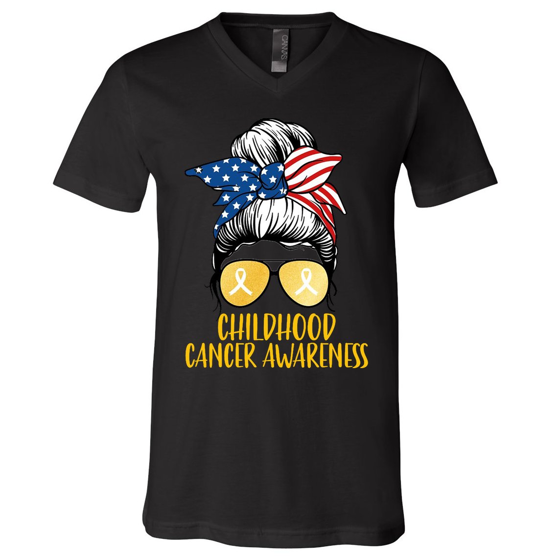 Childhood Cancer Awareness Gold Ribbon Messy Bun V-Neck T-Shirt