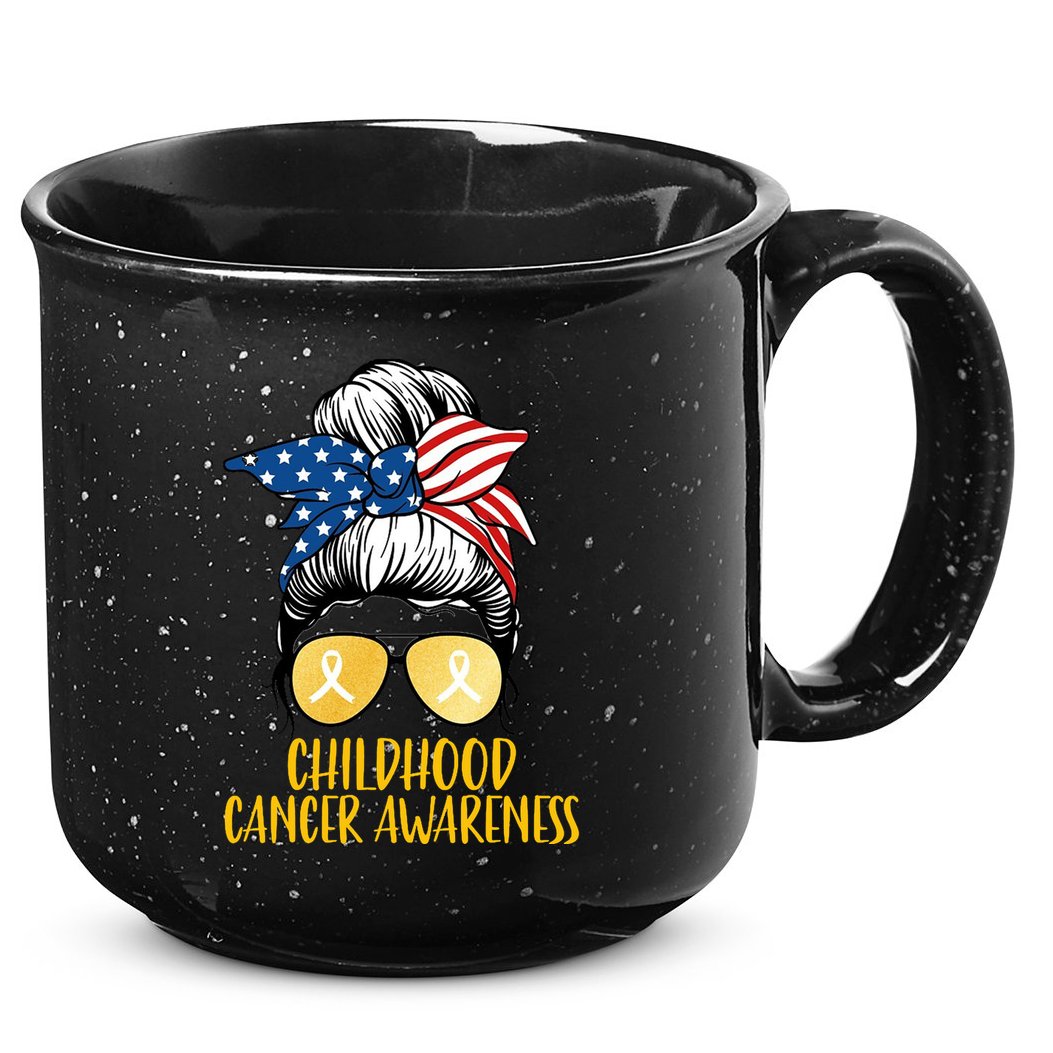 Childhood Cancer Awareness Gold Ribbon Messy Bun 15oz Campfire Ceramic Mug