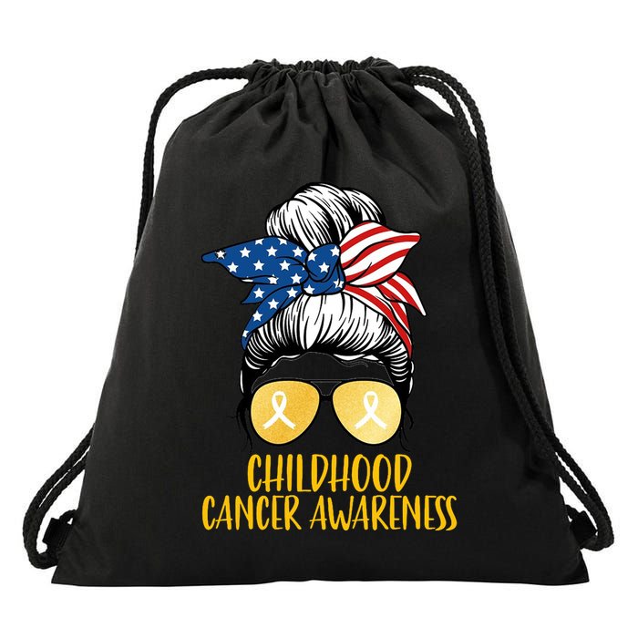 Childhood Cancer Awareness Gold Ribbon Messy Bun Drawstring Bag