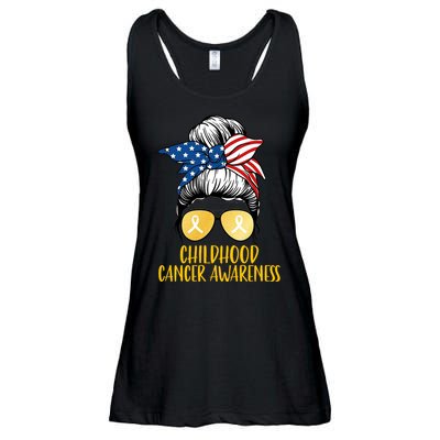 Childhood Cancer Awareness Gold Ribbon Messy Bun Ladies Essential Flowy Tank