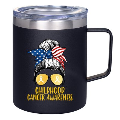 Childhood Cancer Awareness Gold Ribbon Messy Bun 12oz Stainless Steel Coffee Mug