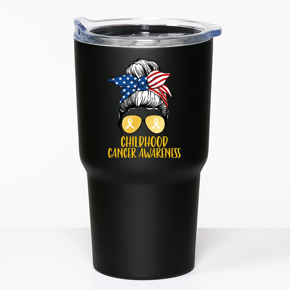 Childhood Cancer Awareness Gold Ribbon Messy Bun Tumbler