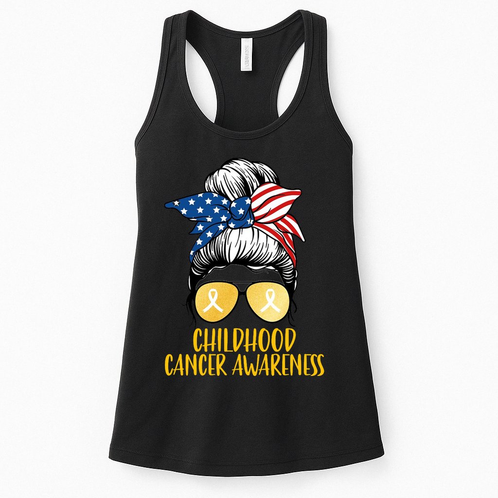 Childhood Cancer Awareness Gold Ribbon Messy Bun Womens Tank Top