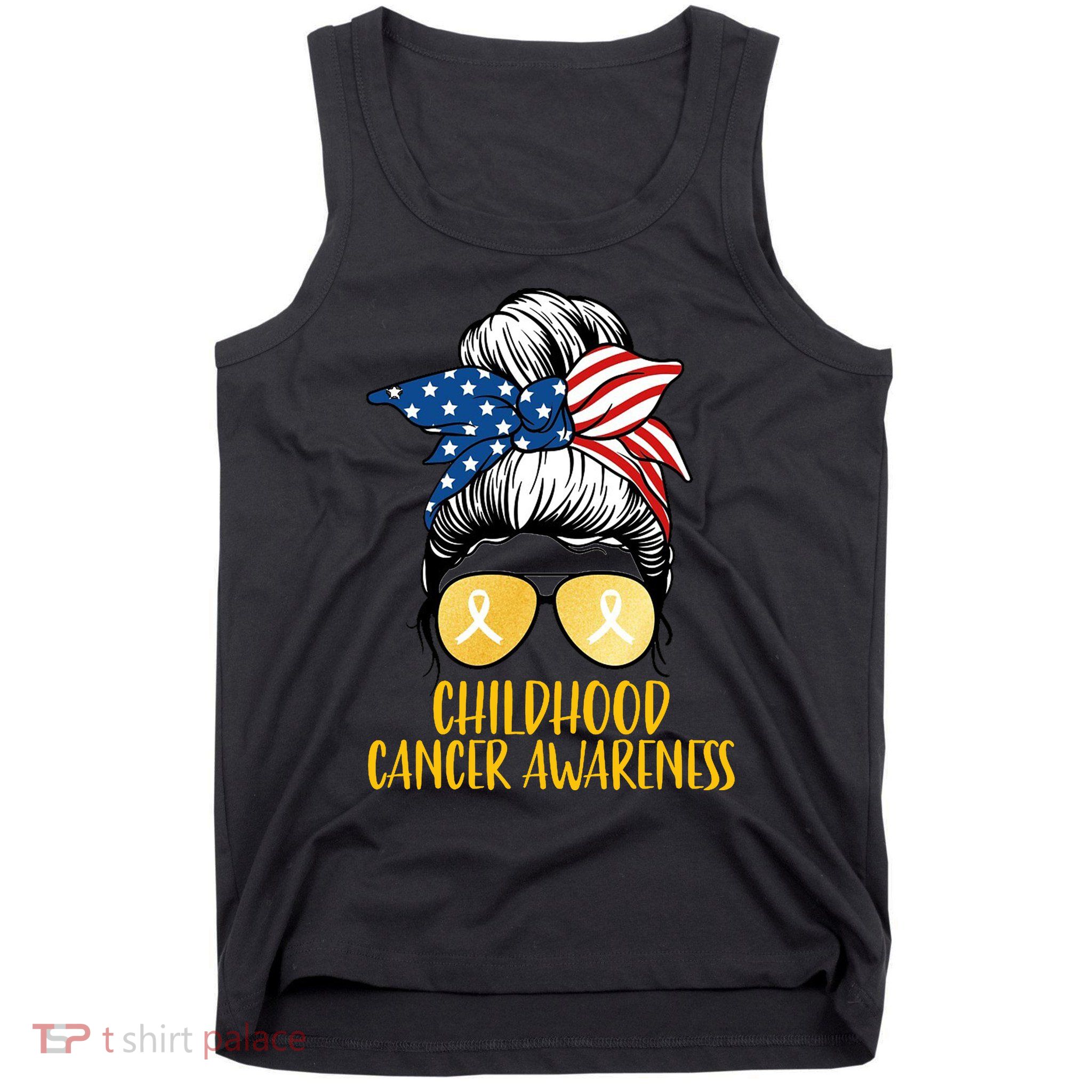 Childhood Cancer Awareness Gold Ribbon Messy Bun Tank Top