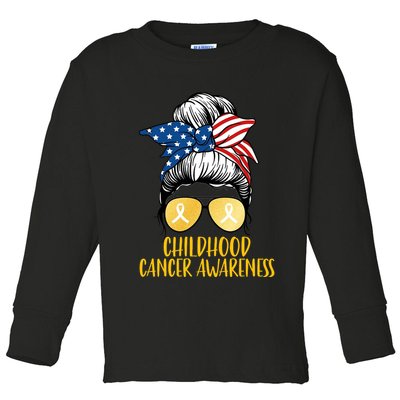 Childhood Cancer Awareness Gold Ribbon Messy Bun Toddler Long Sleeve Shirt