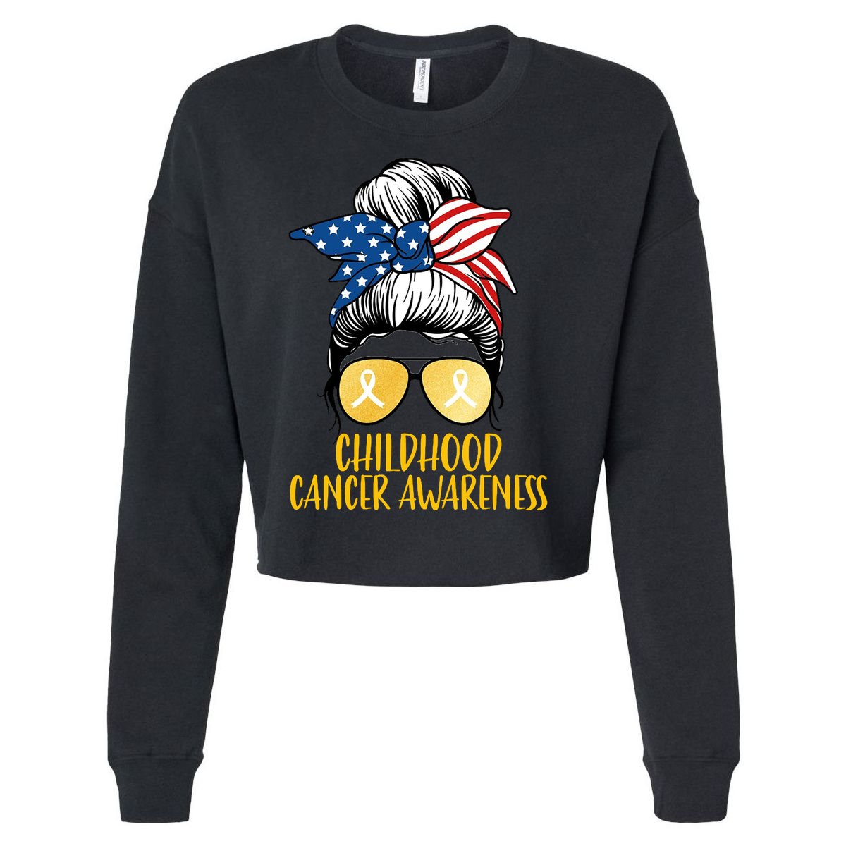 Childhood Cancer Awareness Gold Ribbon Messy Bun Cropped Pullover Crew