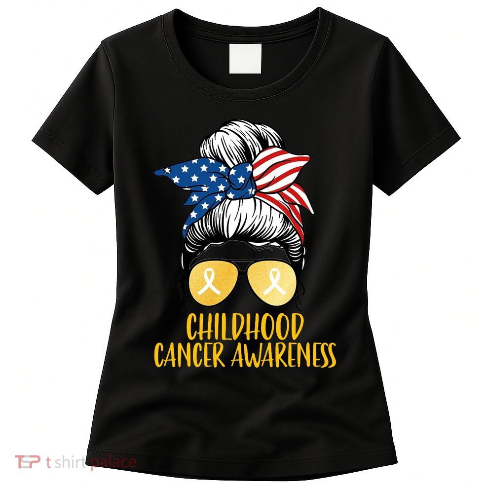 Childhood Cancer Awareness Gold Ribbon Messy Bun Womens T-Shirt