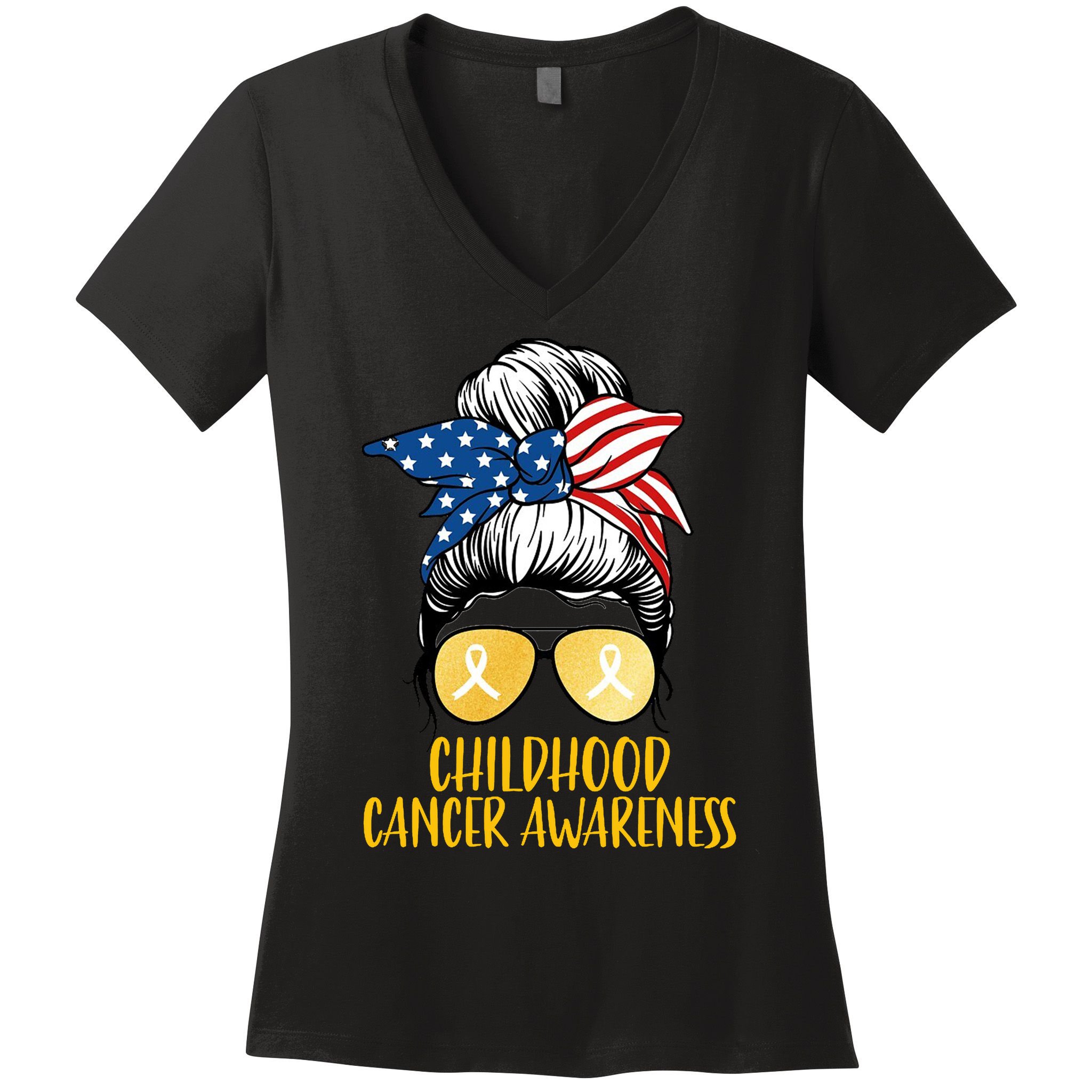 Childhood Cancer Awareness Gold Ribbon Messy Bun Women's V-Neck T-Shirt