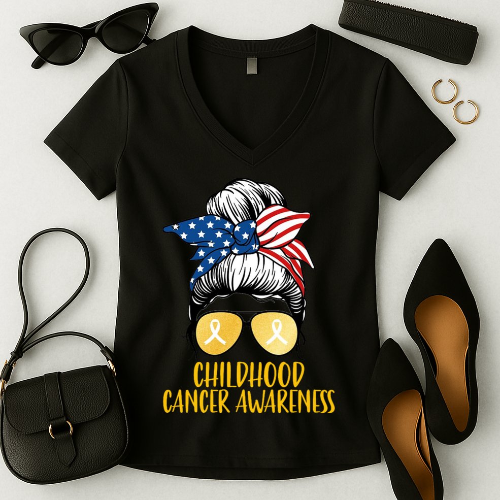 Childhood Cancer Awareness Gold Ribbon Messy Bun Women's V-Neck T-Shirt