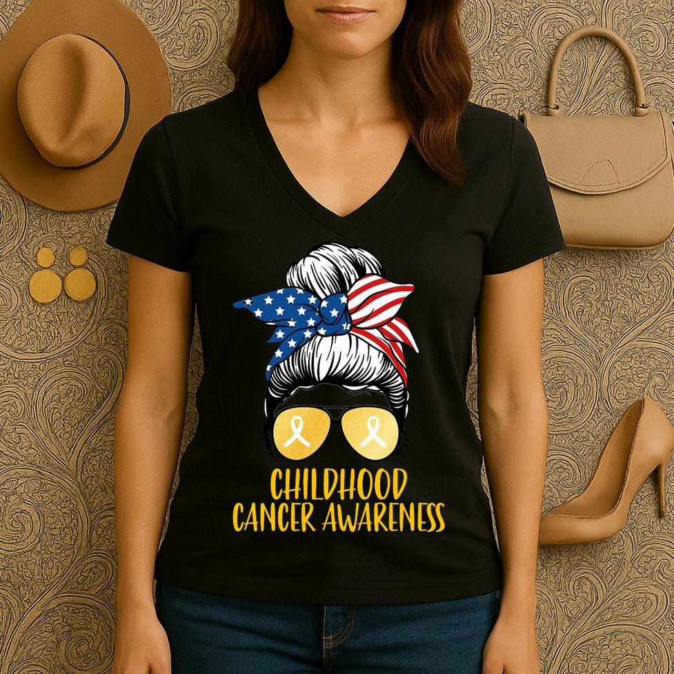 Childhood Cancer Awareness Gold Ribbon Messy Bun Women's V-Neck T-Shirt