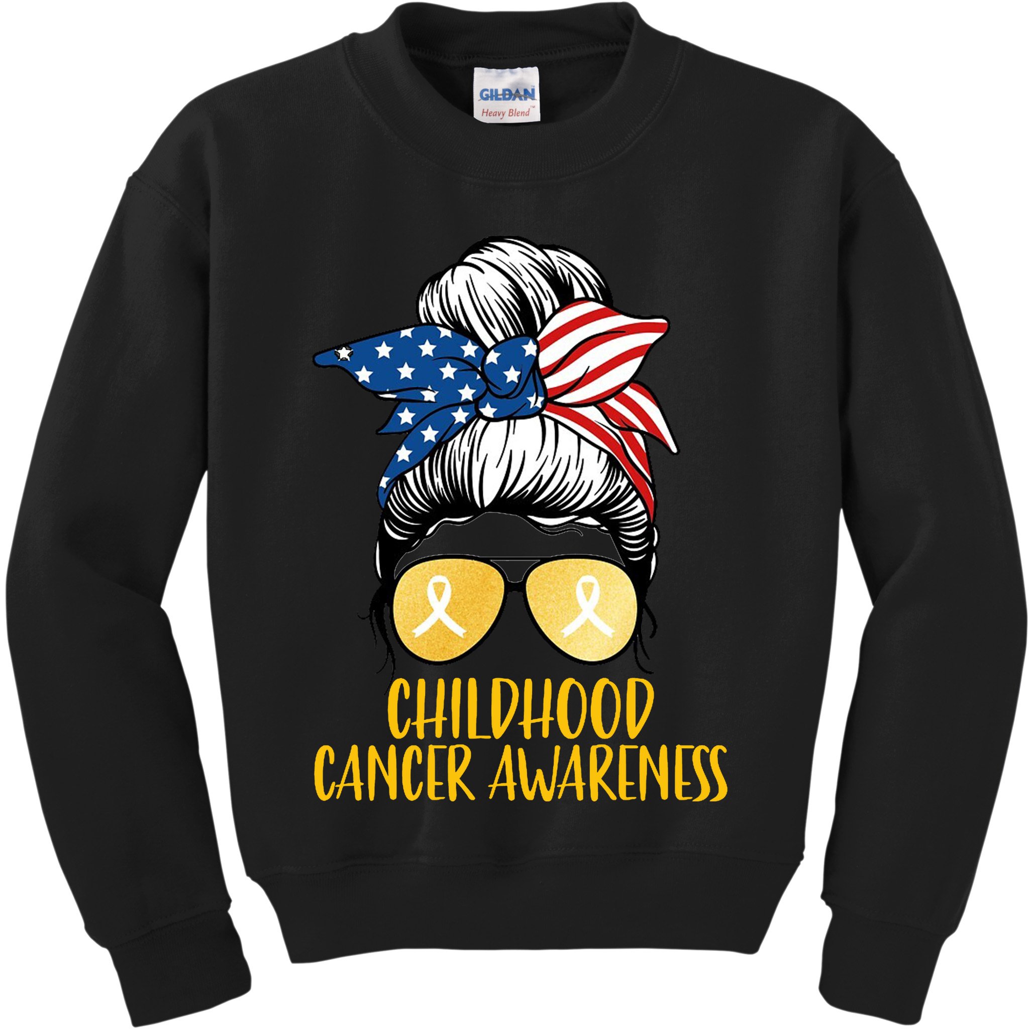 Childhood Cancer Awareness Gold Ribbon Messy Bun Kids Sweatshirt