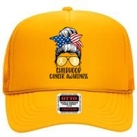 Childhood Cancer Awareness Gold Ribbon Messy Bun High Crown Mesh Back Trucker Hat