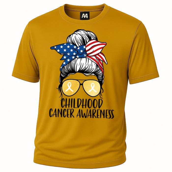 Childhood Cancer Awareness Gold Ribbon Messy Bun Performance Shirt