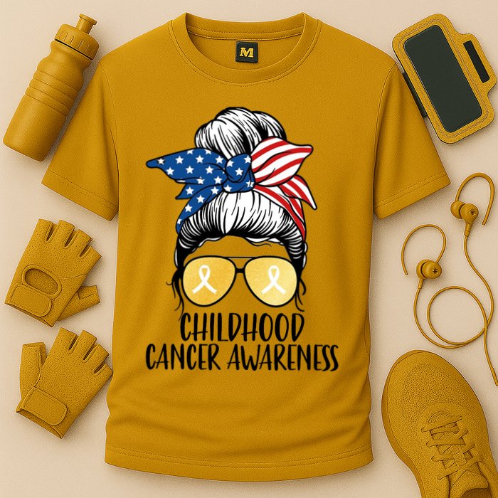 Childhood Cancer Awareness Gold Ribbon Messy Bun Performance Shirt