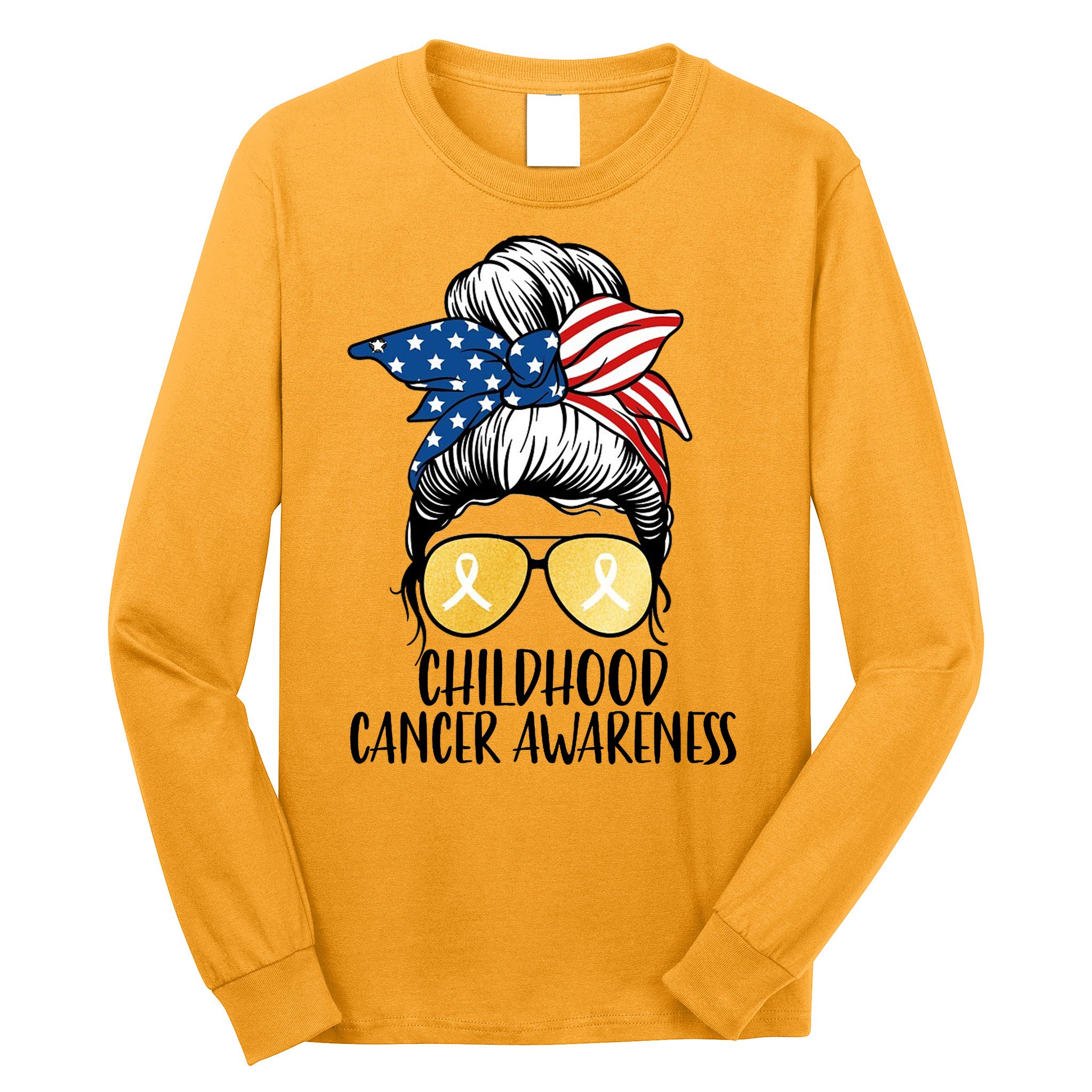 Childhood Cancer Awareness Gold Ribbon Messy Bun Long Sleeve Shirt
