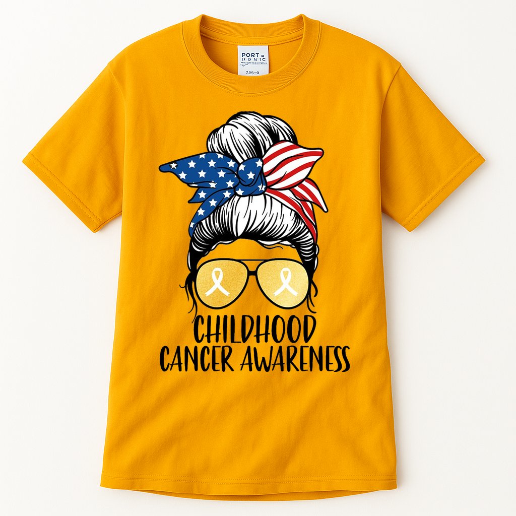 Childhood Cancer Awareness Gold Ribbon Messy Bun Tall T-Shirt