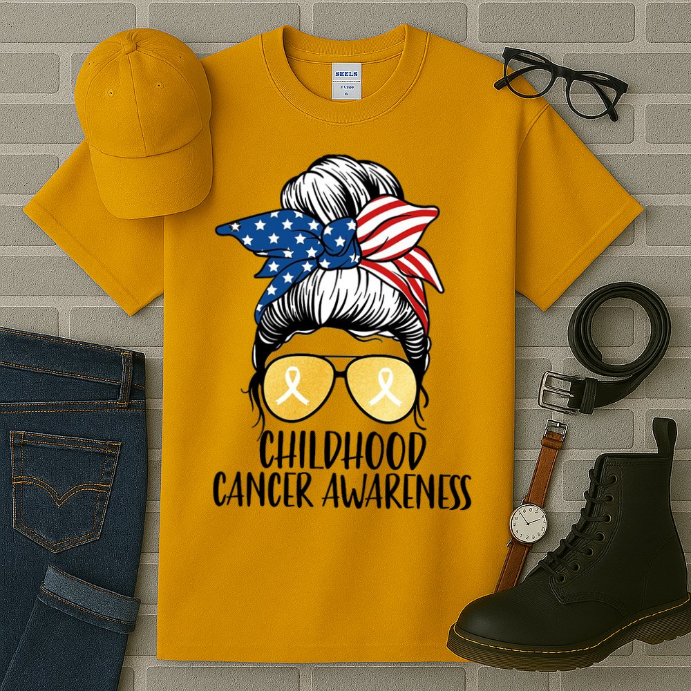 Childhood Cancer Awareness Gold Ribbon Messy Bun Tall T-Shirt