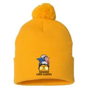 Childhood Cancer Awareness Gold Ribbon Messy Bun Pom Pom 12in Knit Beanie