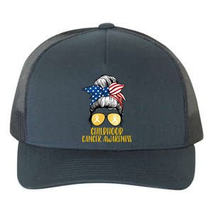 Childhood Cancer Awareness Gold Ribbon Messy Bun Yupoong Adult 5-Panel Trucker Hat