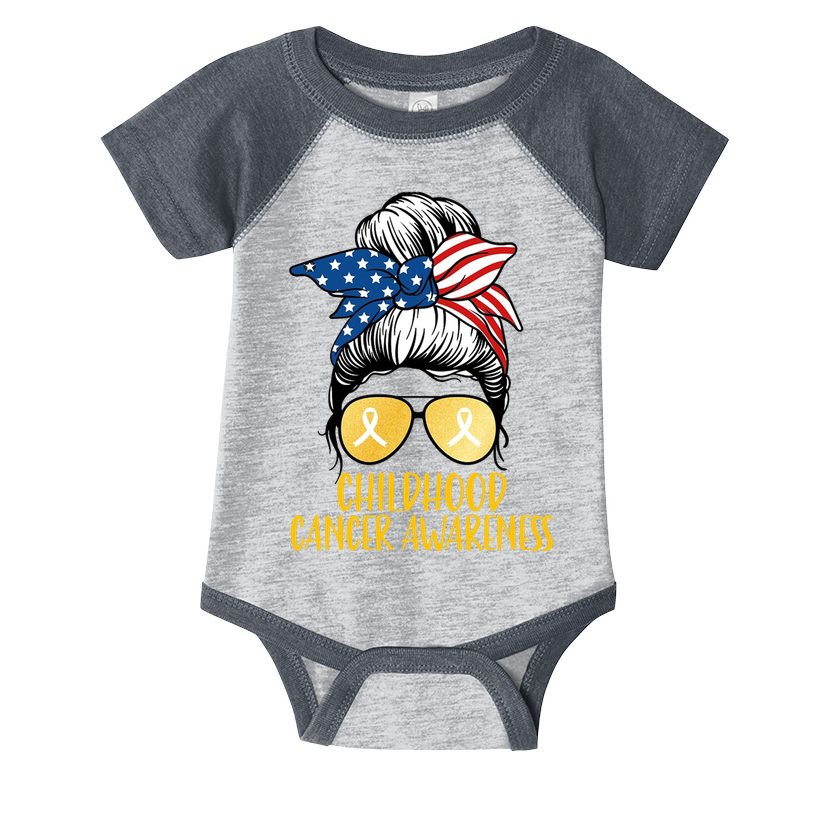 Childhood Cancer Awareness Gold Ribbon Messy Bun Infant Baby Jersey Bodysuit