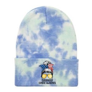 Childhood Cancer Awareness Gold Ribbon Messy Bun Tie Dye 12in Knit Beanie