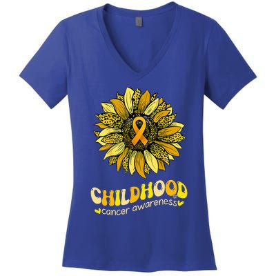 Childhood Cancer Awareness Leopard Yellow Sunflower Women's V-Neck T-Shirt