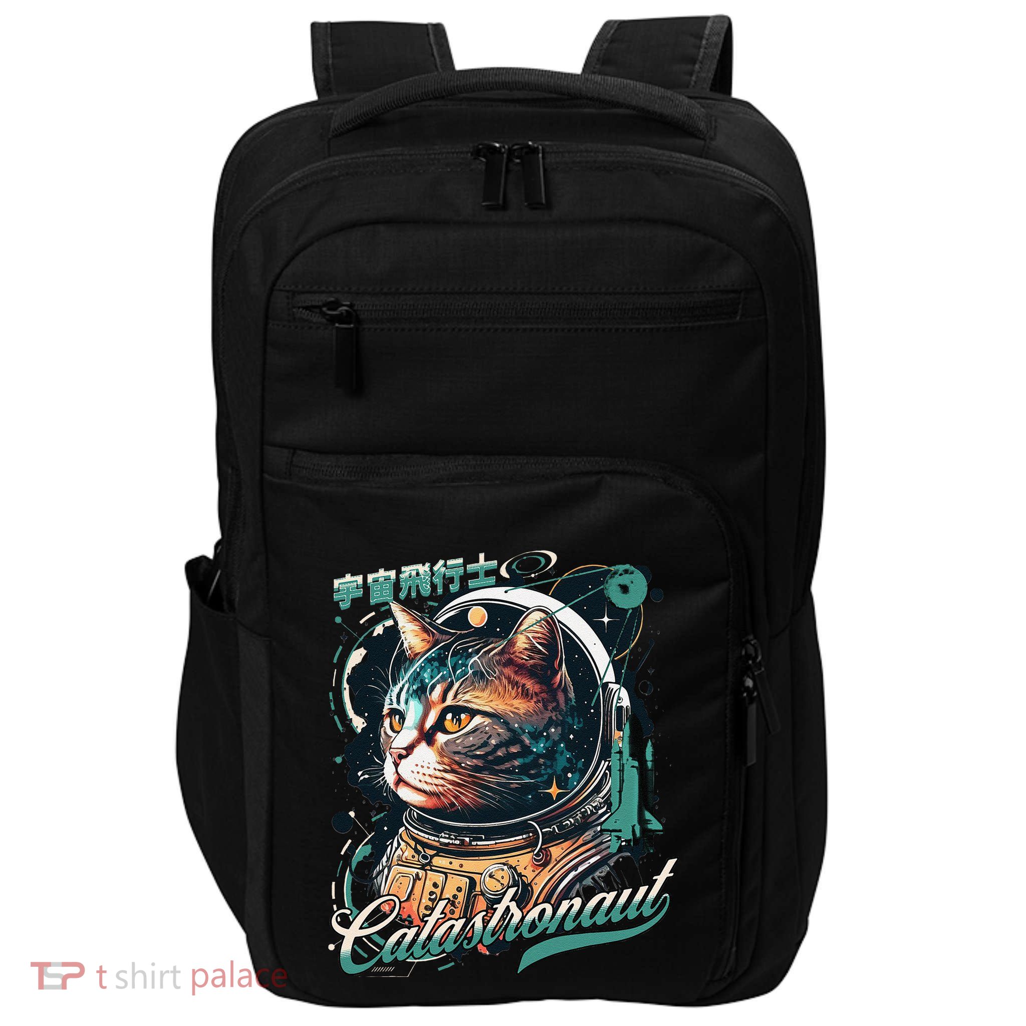 Cosmic Cat Astronaut Retrofuturistic Graphic Planets Stars Impact Tech Backpack