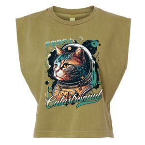 Cosmic Cat Astronaut Retrofuturistic Graphic Planets Stars Garment-Dyed Women's Muscle Tee