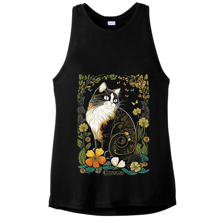 Cute Cottagecore Aesthetic Cat Flowers Butterflies Cat Mom Ladies PosiCharge Tri-Blend Wicking Tank