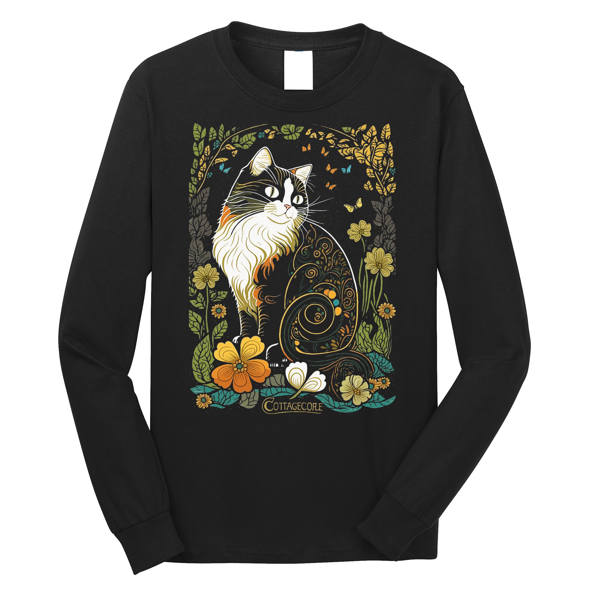 Cute Cottagecore Aesthetic Cat Flowers Butterflies Cat Mom Long Sleeve Shirt