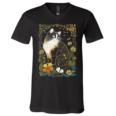 Cute Cottagecore Aesthetic Cat Flowers Butterflies Cat Mom V-Neck T-Shirt