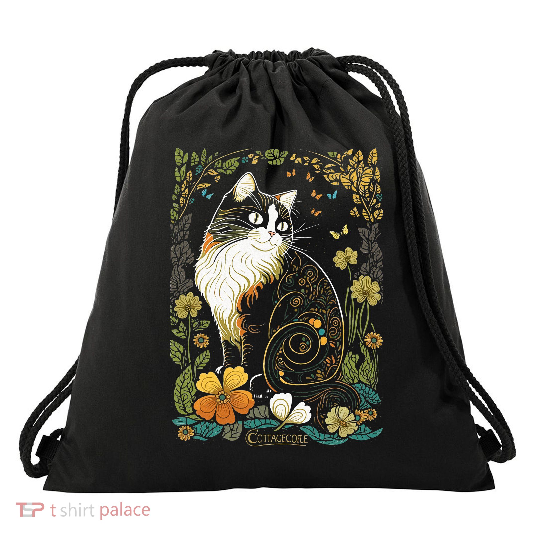 Cute Cottagecore Aesthetic Cat Flowers Butterflies Cat Mom Drawstring Bag