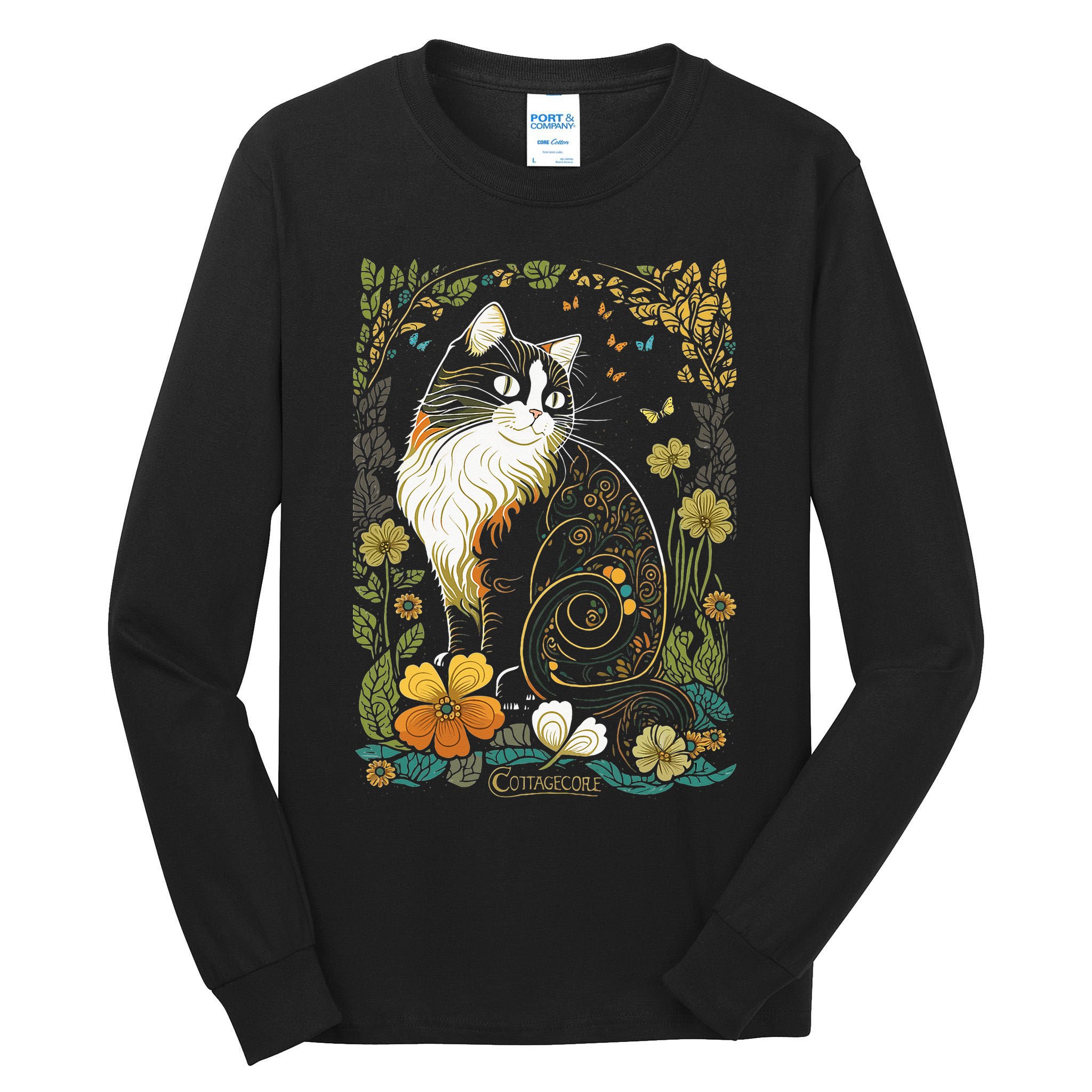 Cute Cottagecore Aesthetic Cat Flowers Butterflies Cat Mom Tall Long Sleeve T-Shirt