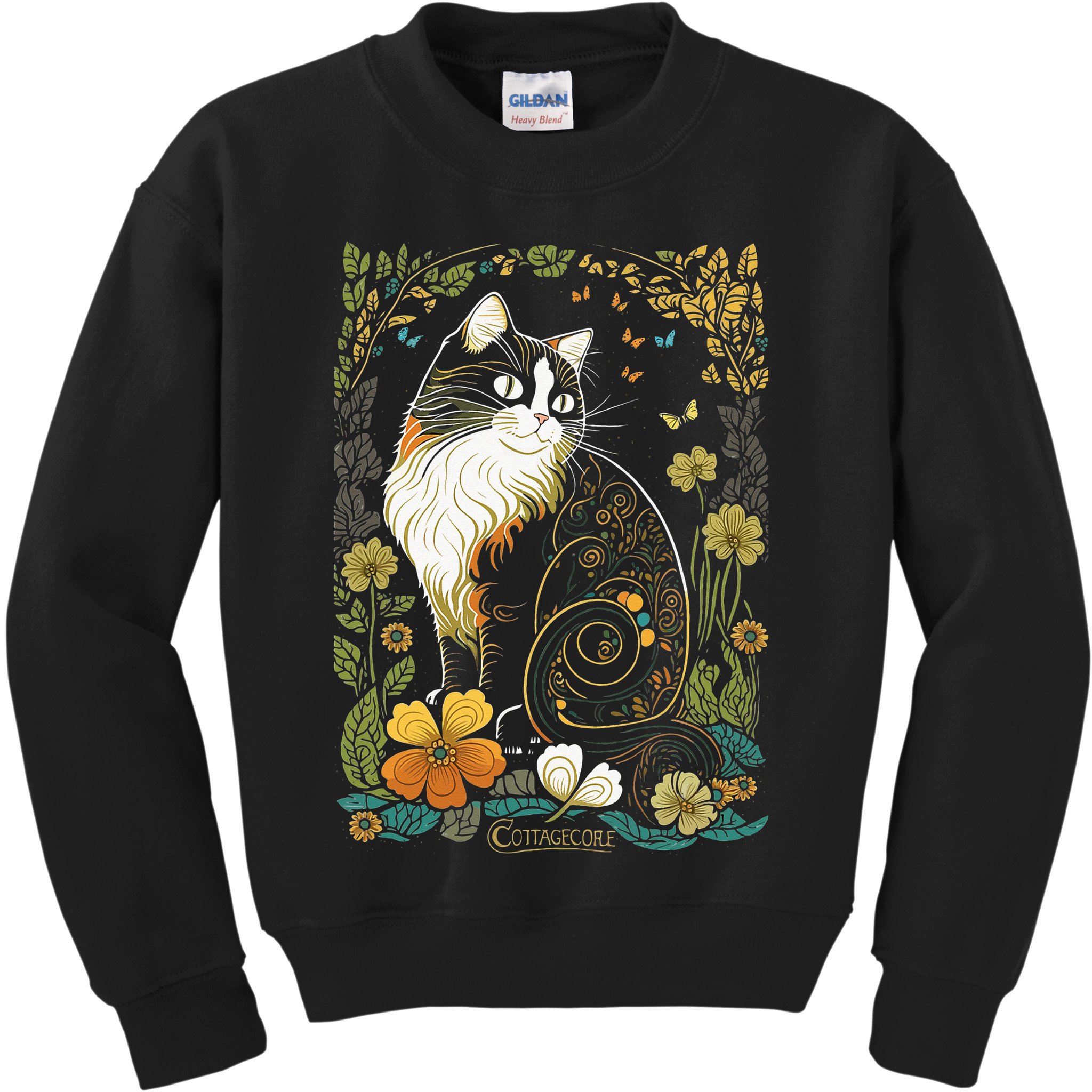 Cute Cottagecore Aesthetic Cat Flowers Butterflies Cat Mom Kids Sweatshirt