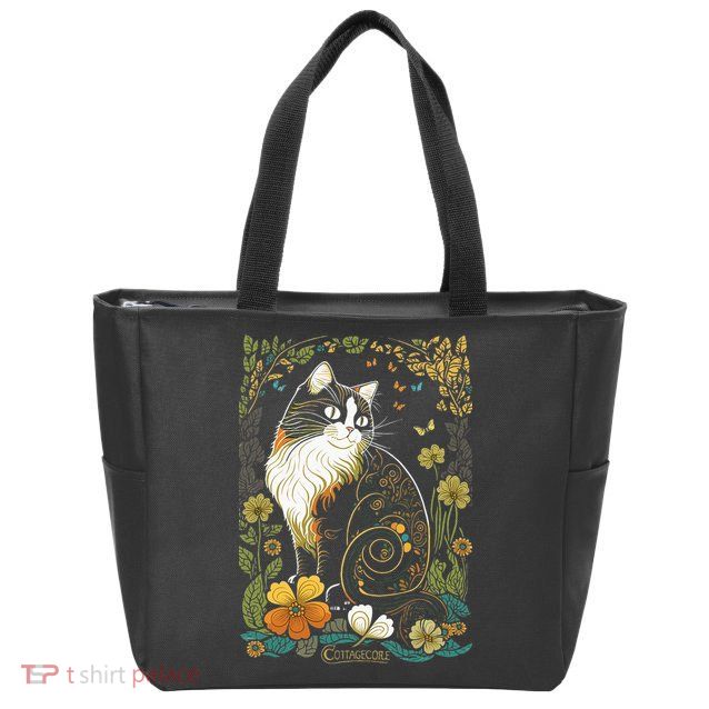 Cute Cottagecore Aesthetic Cat Flowers Butterflies Cat Mom Zip Tote Bag