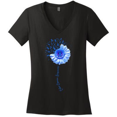 Colon Cancer Awareness Flower Survivor Fighter Women's V-Neck T-Shirt