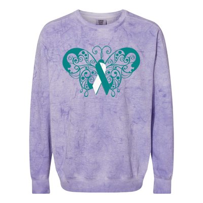 Cervical Cancer Awareness Support TealWhite Ribbon Colorblast Crewneck Sweatshirt