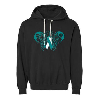 Cervical Cancer Awareness Support TealWhite Ribbon Garment-Dyed Fleece Hoodie