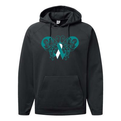 Cervical Cancer Awareness Support TealWhite Ribbon Performance Fleece Hoodie