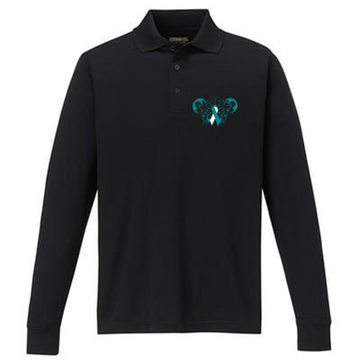 Cervical Cancer Awareness Support TealWhite Ribbon Performance Long Sleeve Polo